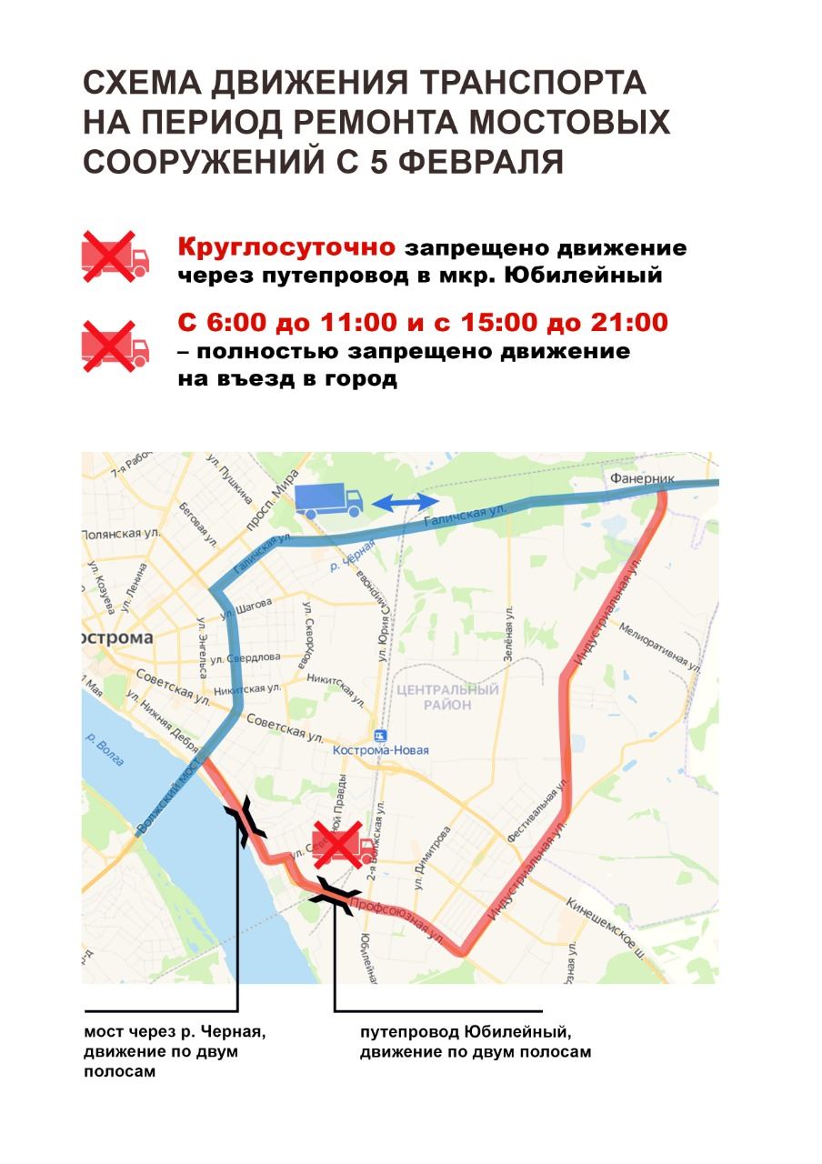 В Костроме скорректирована схема организации движения на время ремонта  мостовых сооружений