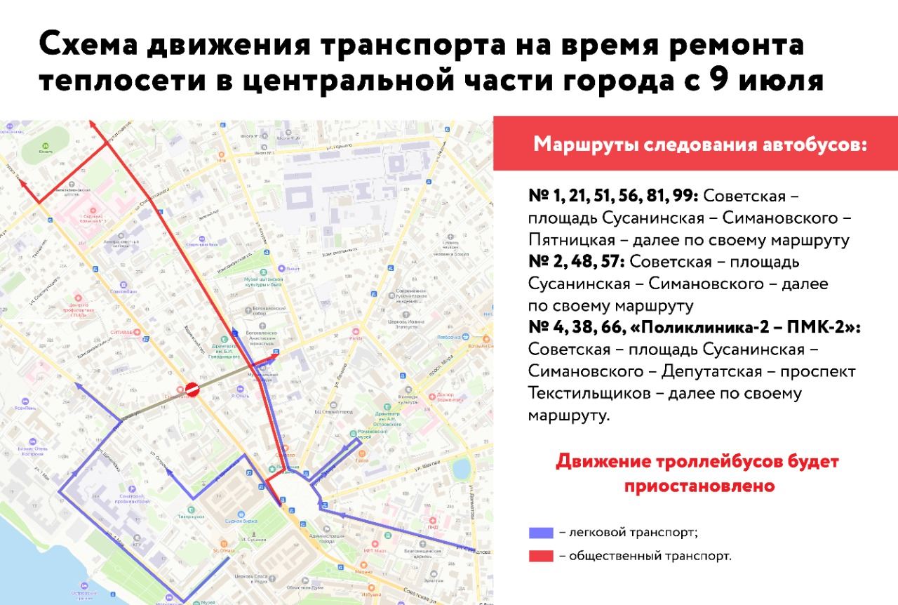 Схема движения транспорта на время ремонта теплосети в центральной части  города с 9 июля